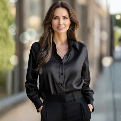 Mihaela | Bluză elegantă neagră din satin, cu mâneci lungi